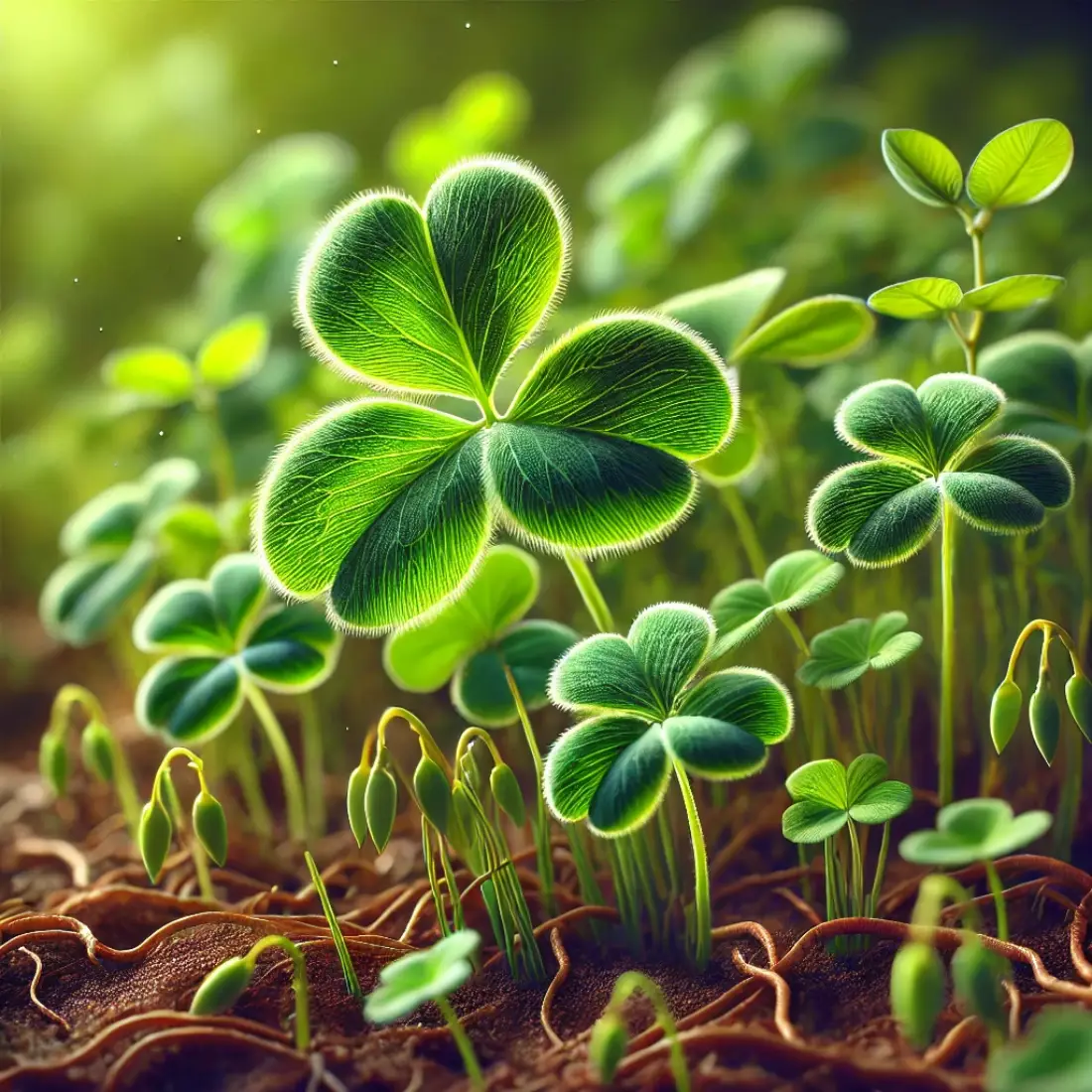 Highly detailed close-up of leguminous cover crops like clover and alfalfa, featuring vibrant green leaves and rich soil without root nodules