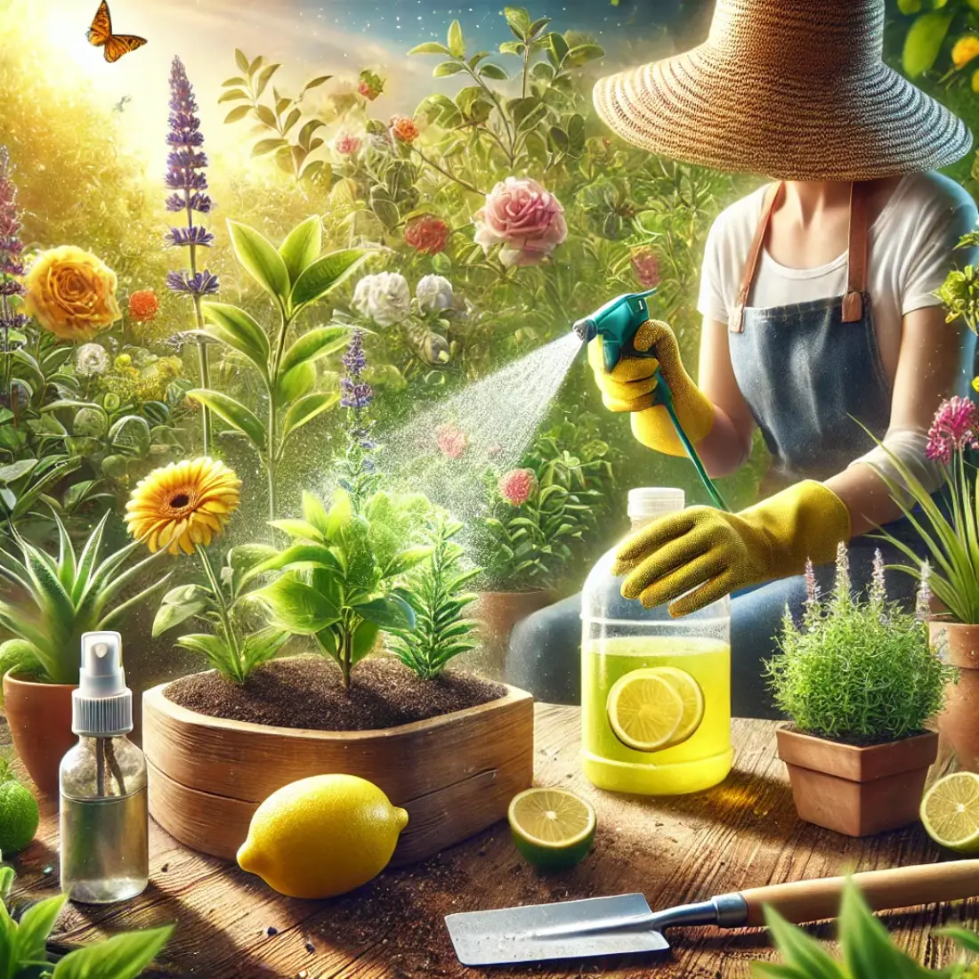 A gardener in a sun hat uses a spray bottle with lemon juice in a vibrant, sunny garden, highlighting its use for pest control and soil pH balance.