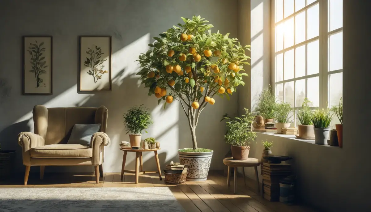 Bright indoor garden nook with a lemon tree in a decorative pot, next to a chair and gardening books under a sunny window.