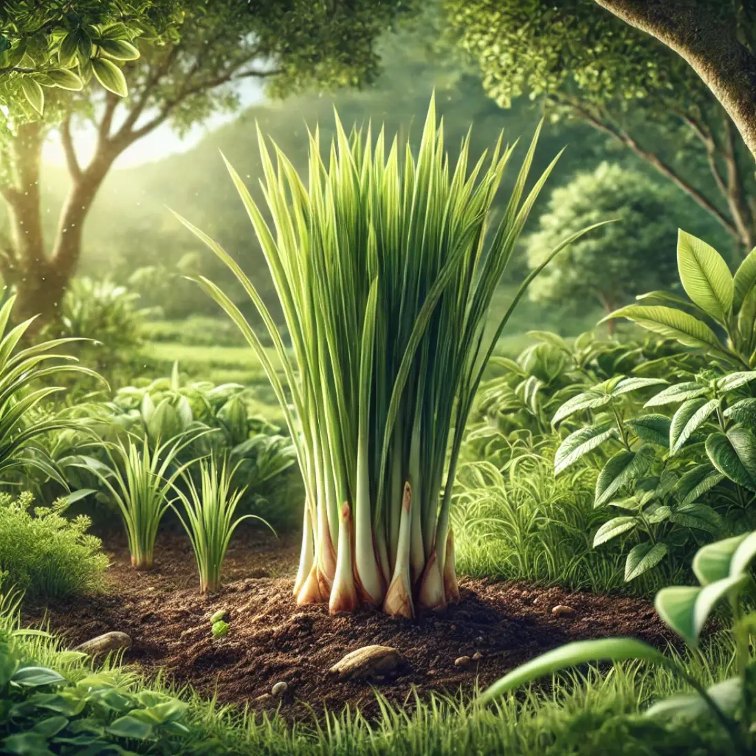 A vibrant lemongrass plant with tall green stalks and narrow leaves, growing in rich, fertile soil surrounded by other organic plants in a serene garden setting.