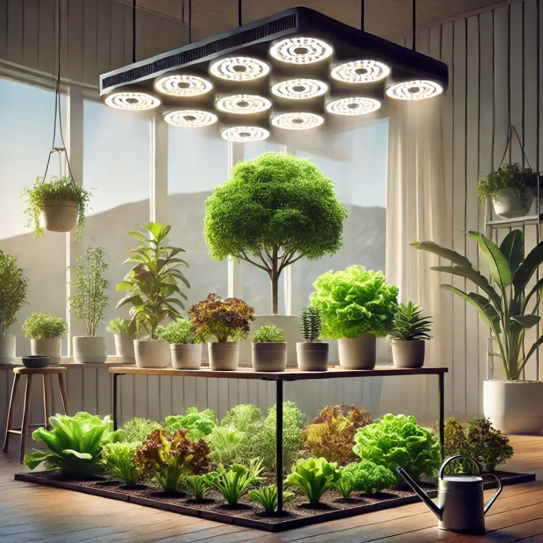 Various types of lettuce, including Romaine, Butterhead, and Loose-leaf, growing indoors under grow lights in a modern setup with gardening tools.