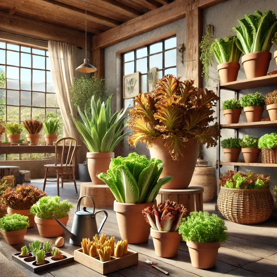 Specialty lettuce varieties, including Deer Tongue and Cimmaron, growing indoors in individual containers on wooden shelves with natural sunlight streaming through large windows in a cozy, rustic setting.