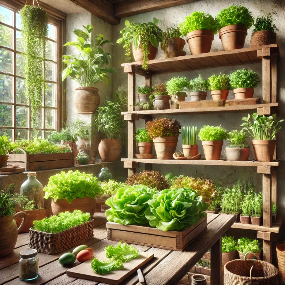 Various loose-leaf lettuce plants in terracotta pots and woven baskets growing indoors on wooden shelves with natural sunlight streaming through large windows in a cozy, rustic setting.
