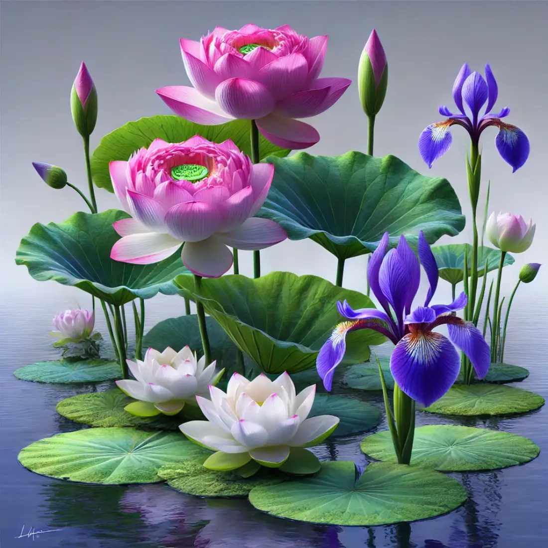 Detailed image of a water garden featuring vibrant Lotus flowers and broad leaves, alongside elegant purple-blue Water Iris flowers.