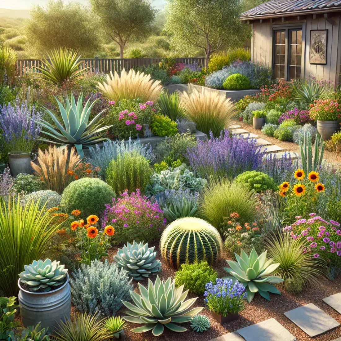 A sunny home garden featuring drought-tolerant plants like Aloe Vera, Echeveria, Lavender, Rosemary, Blue Fescue, Sage, and Coneflowers, with decorative rocks and stepping stones.