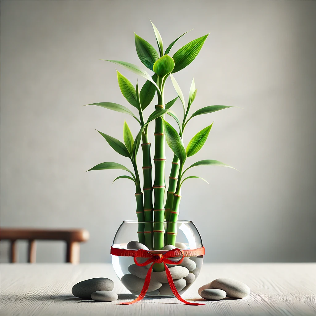 Lucky Bamboo plant in a clear glass vase with pebbles and water, red ribbon tied around stalks, on a wooden table in a white room with natural light.