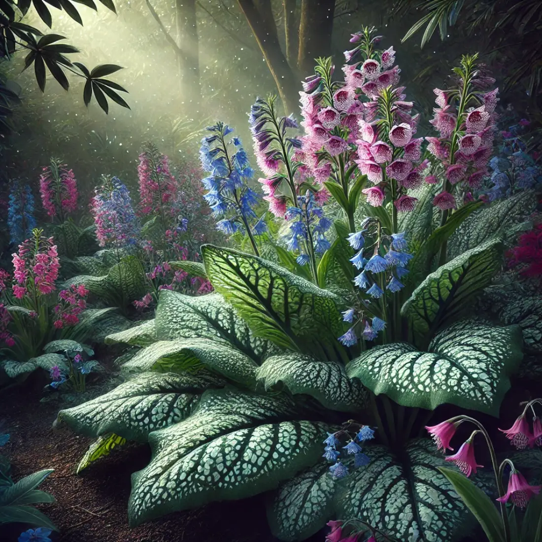 Shaded garden with Lungwort featuring spotted foliage and clusters of flowers in pink, blue, and purple, changing colors as they mature.