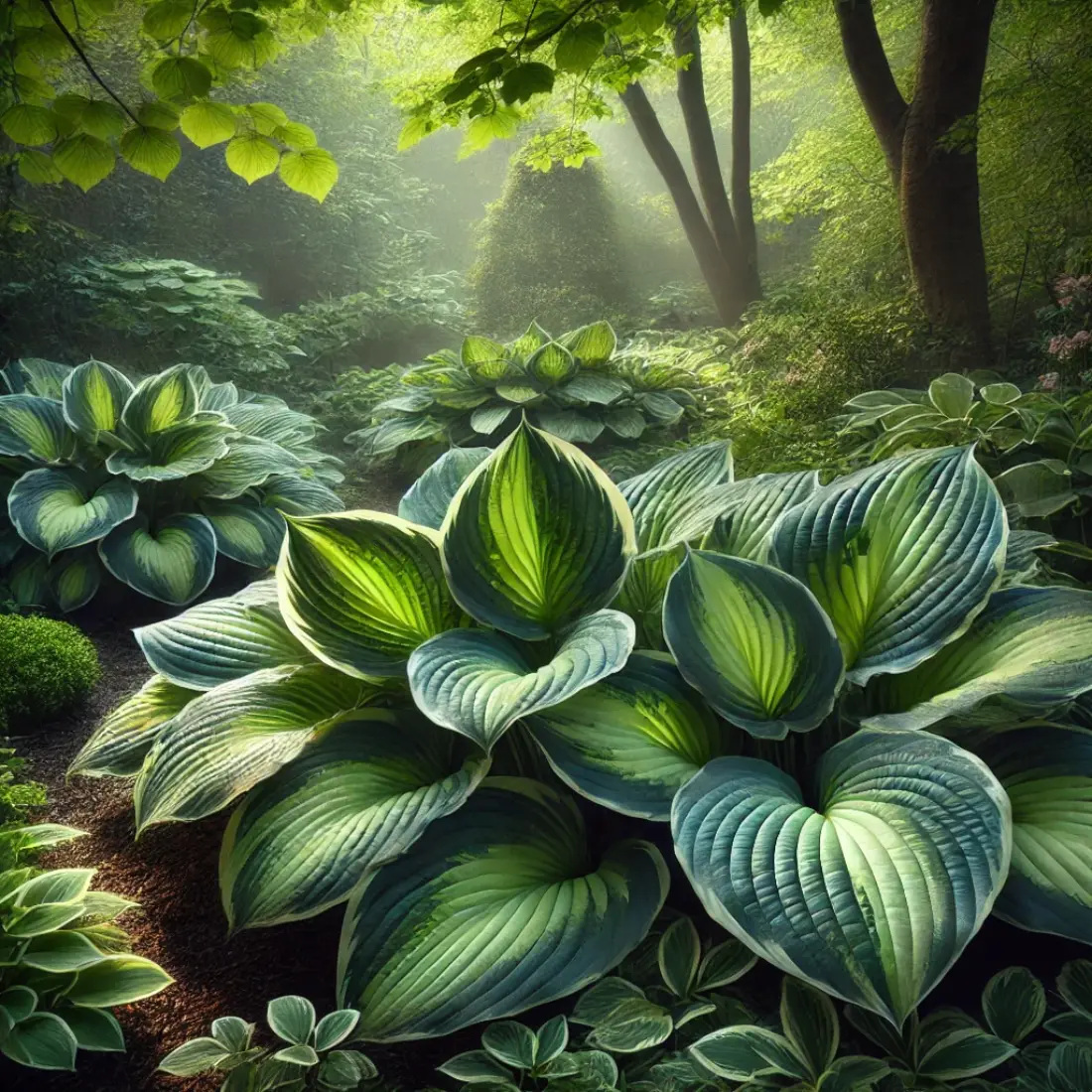 A serene garden scene featuring a group of hostas with deep green and variegated leaves, set in a shaded area with dappled sunlight filtering through.