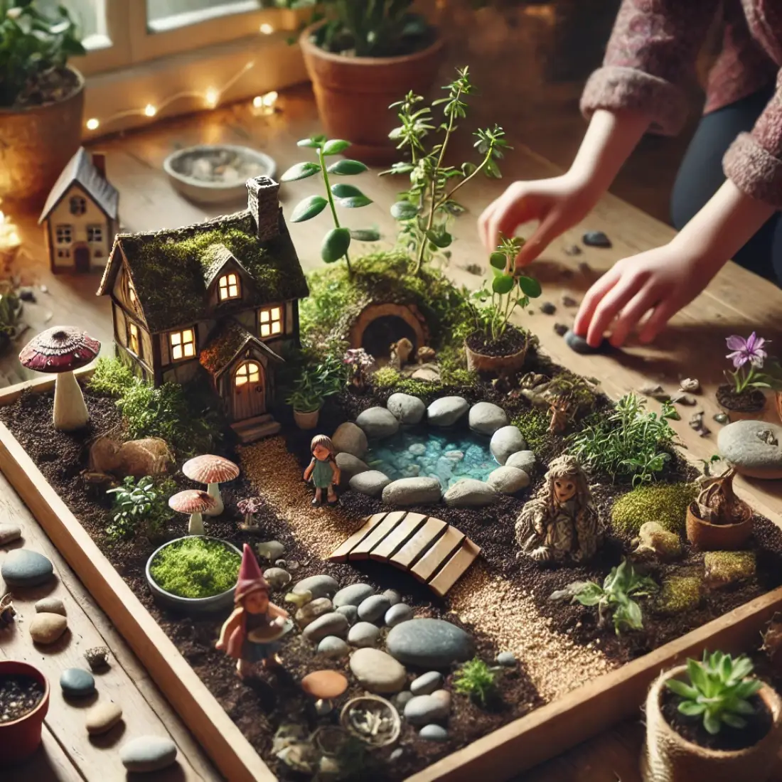 Children’s fairy garden with tiny plants, pebble paths, and fairy figurines, creating a whimsical scene for imaginative play.
