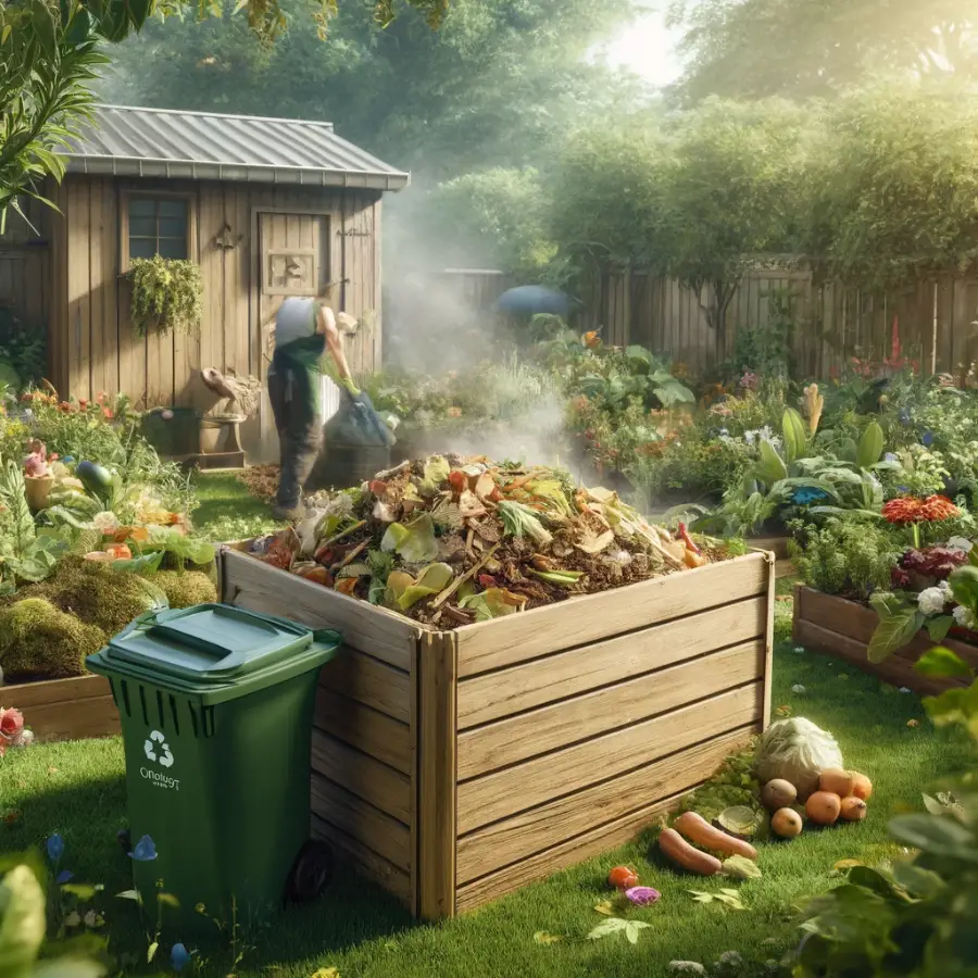 Gardener adding kitchen scraps and yard waste to a wooden compost bin in a sunny, vibrant backyard garden.