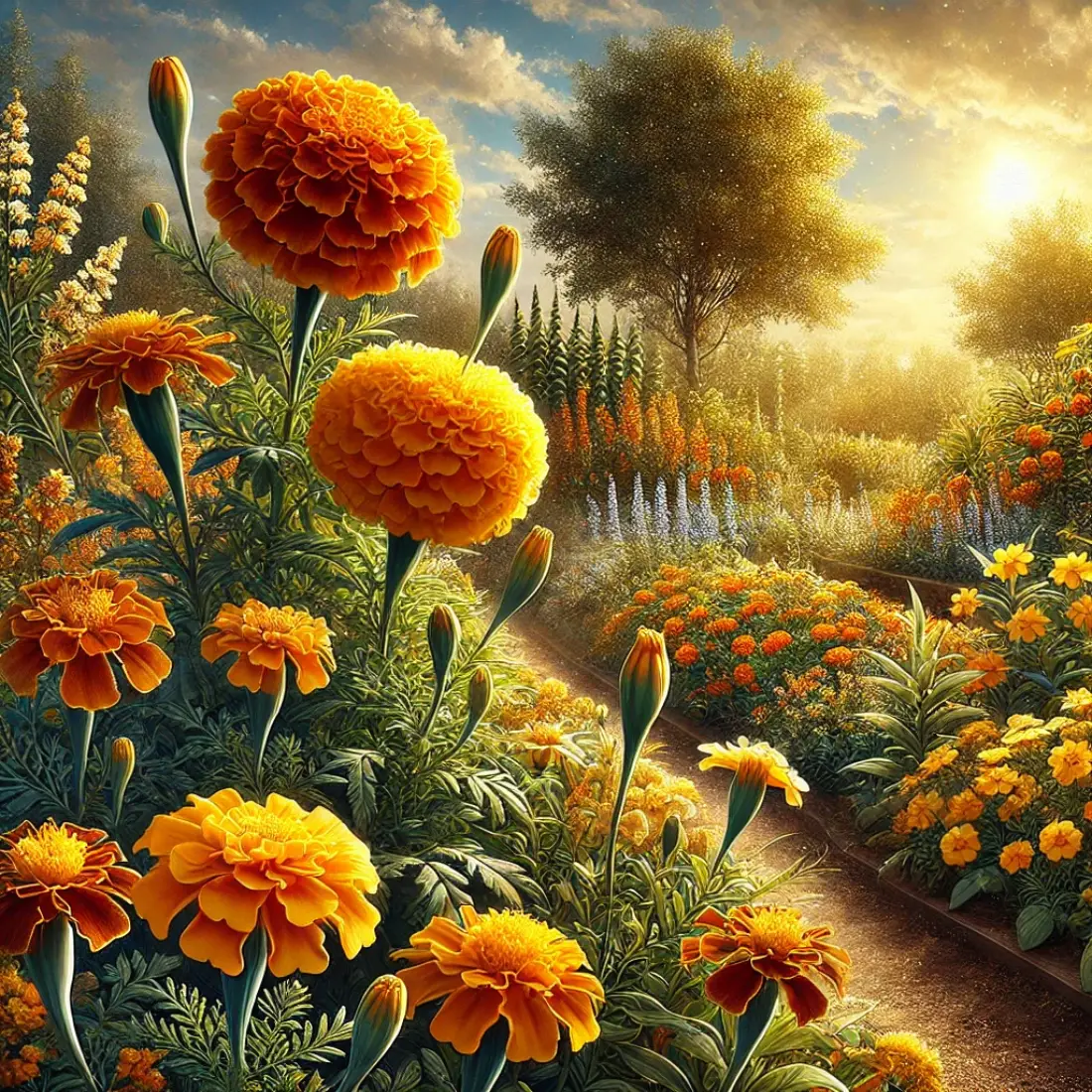 A garden featuring tall African Marigolds, bushy French Marigolds in vibrant colors, and delicate Signet Marigolds, all bathed in natural sunlight.