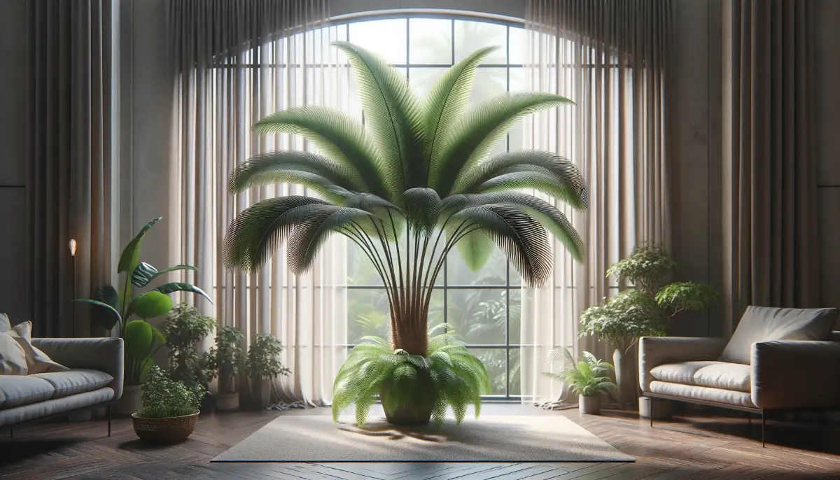 Areca Palm with lush, feather-like fronds in a sunlit room with sheer curtains and surrounded by other tropical houseplants.