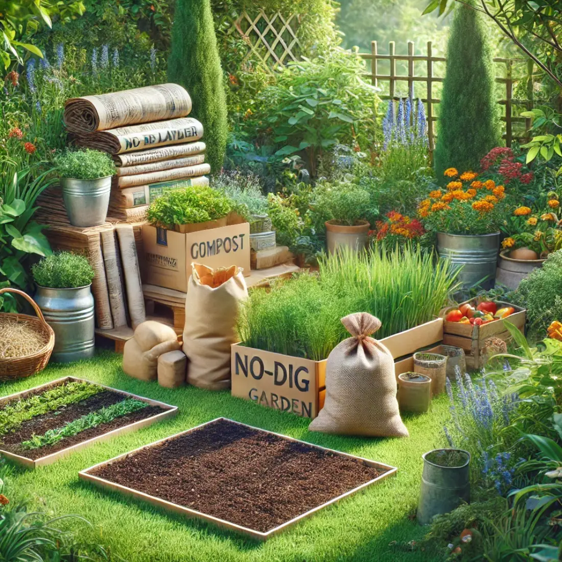 Realistic image of a lush garden with essential materials for a no-dig garden, including a stack of cardboard, a pile of compost, and bags of organic matter surrounded by vibrant plants and flowers.