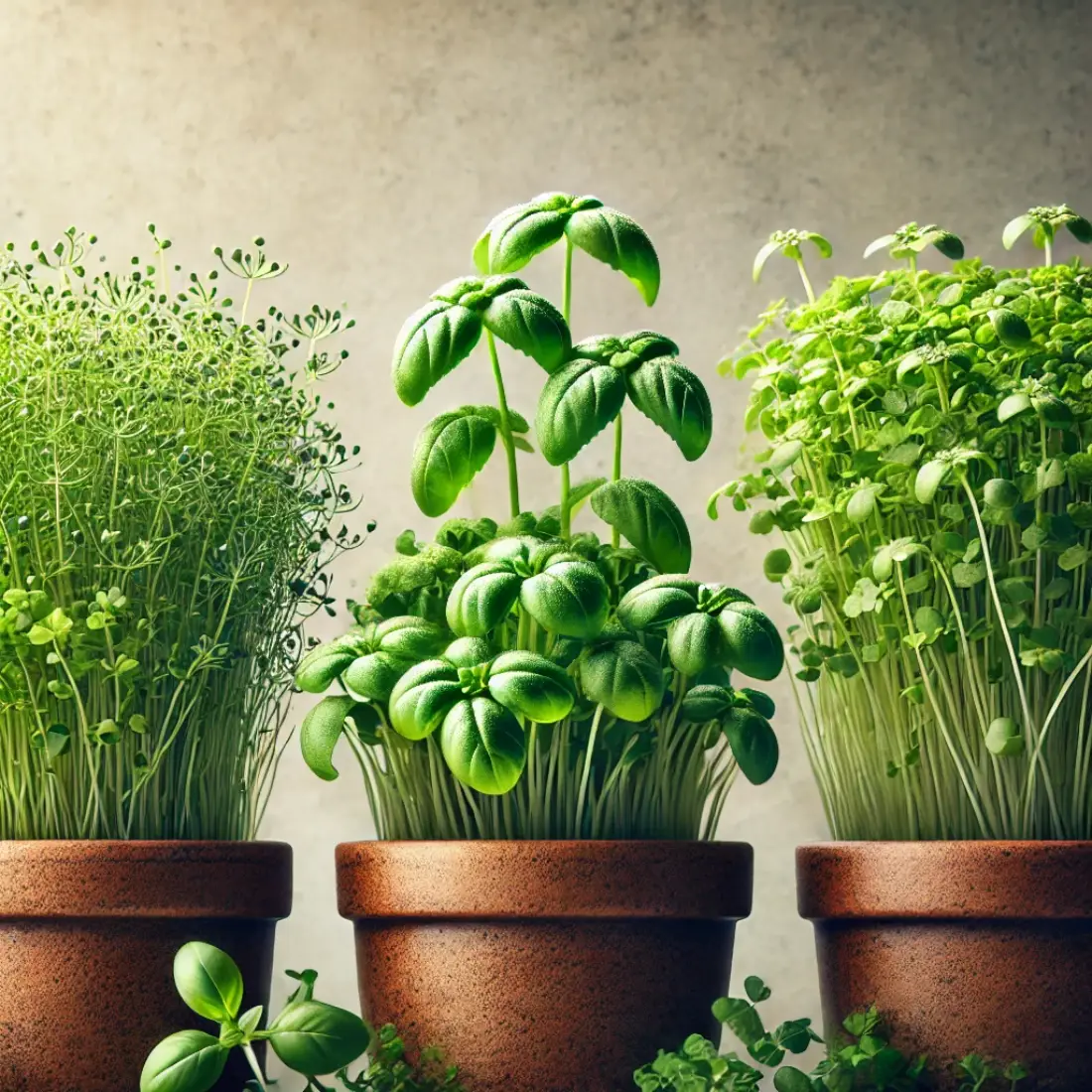 Three pots containing different types of microgreens: arugula, basil, and cilantro, arranged in a simple setting with no labels or text, highlighting their vibrant green colors and distinct textures.