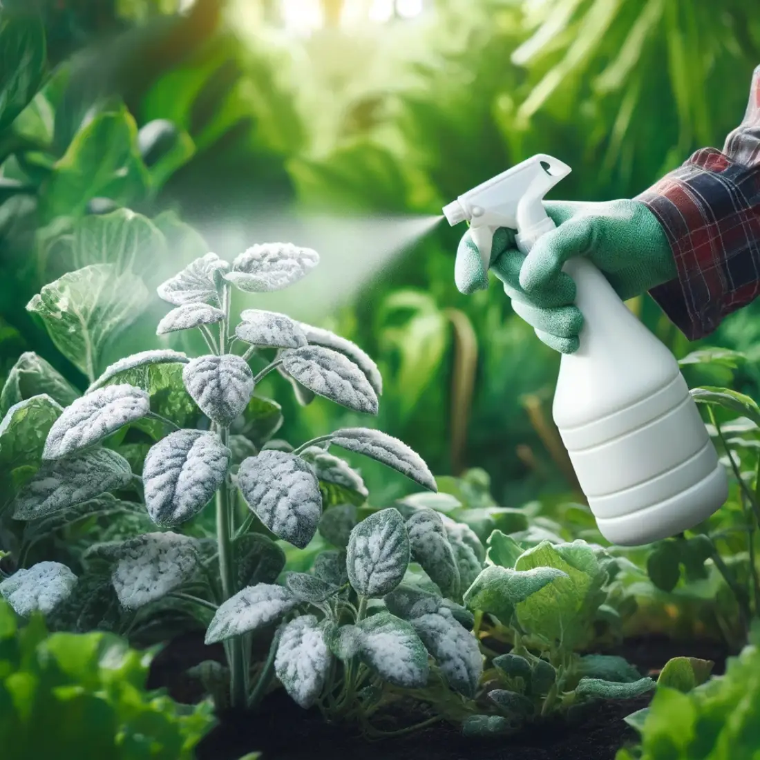 Gardener spraying organic milk solution on plants affected by powdery mildew in a lush garden, highlighting sustainable gardening practices.