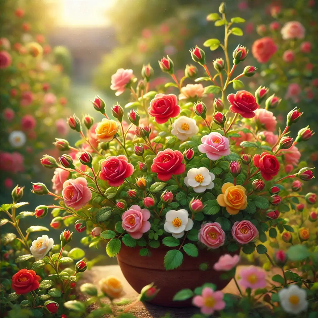 Miniature Roses in red, pink, yellow, and white blooms, compact and surrounded by green foliage in a sunlit garden setting.