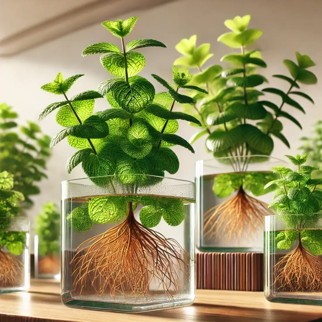 Modern indoor setting featuring water-grown mint in clear glass containers on a wooden shelf, thriving in bright, indirect sunlight and a warm environment.