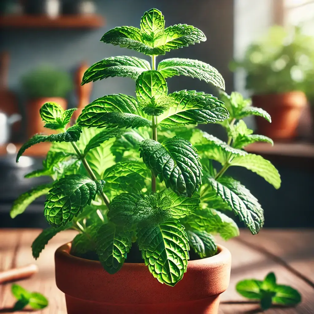 Apple mint plant with slightly fuzzy, light green leaves in a terracotta pot on a wooden table in a cozy, sunlit kitchen.