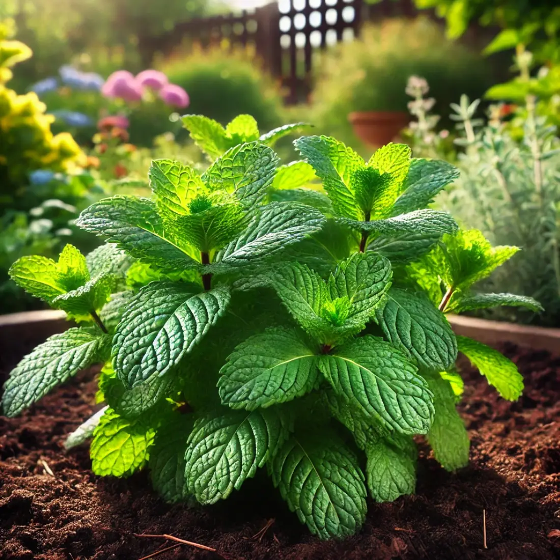 Mint plant with vibrant green leaves growing in a garden bed with rich soil, surrounded by other plants and flowers under natural sunlight.