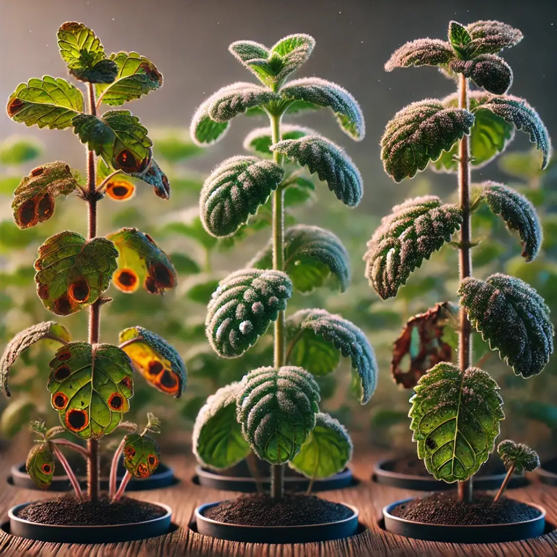 Three mint plants showing different diseases: orange spots for mint rust, white powdery spots for powdery mildew, and dark water-soaked spots for leaf spot.