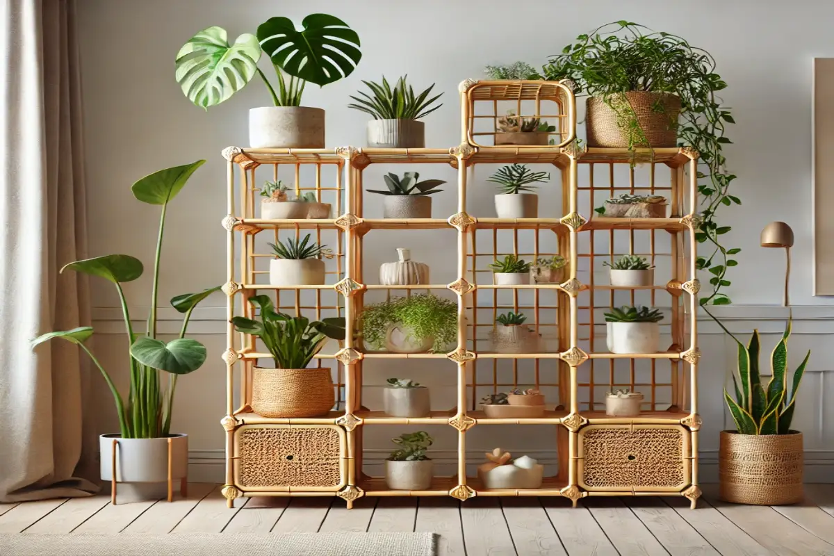 A modular DIY plant cabinet crafted from bamboo and rattan, featuring adjustable shelves displaying indoor plants like monstera, pothos, and succulents. The cabinet is set in a light and airy living room with minimalist natural decor.