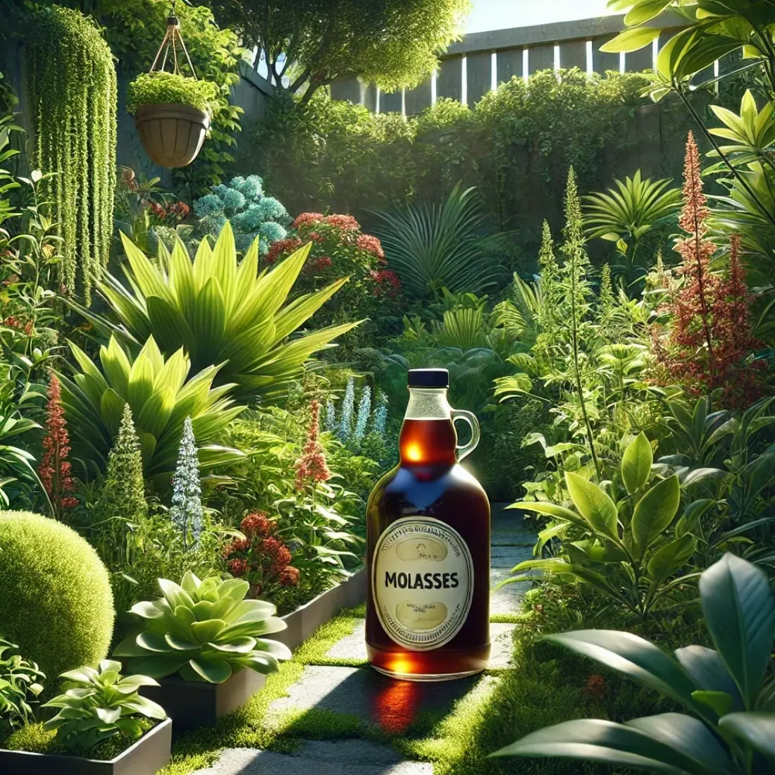 Vibrant garden with various plants and flowers, featuring a bottle labeled "Molasses" in the lower right corner.