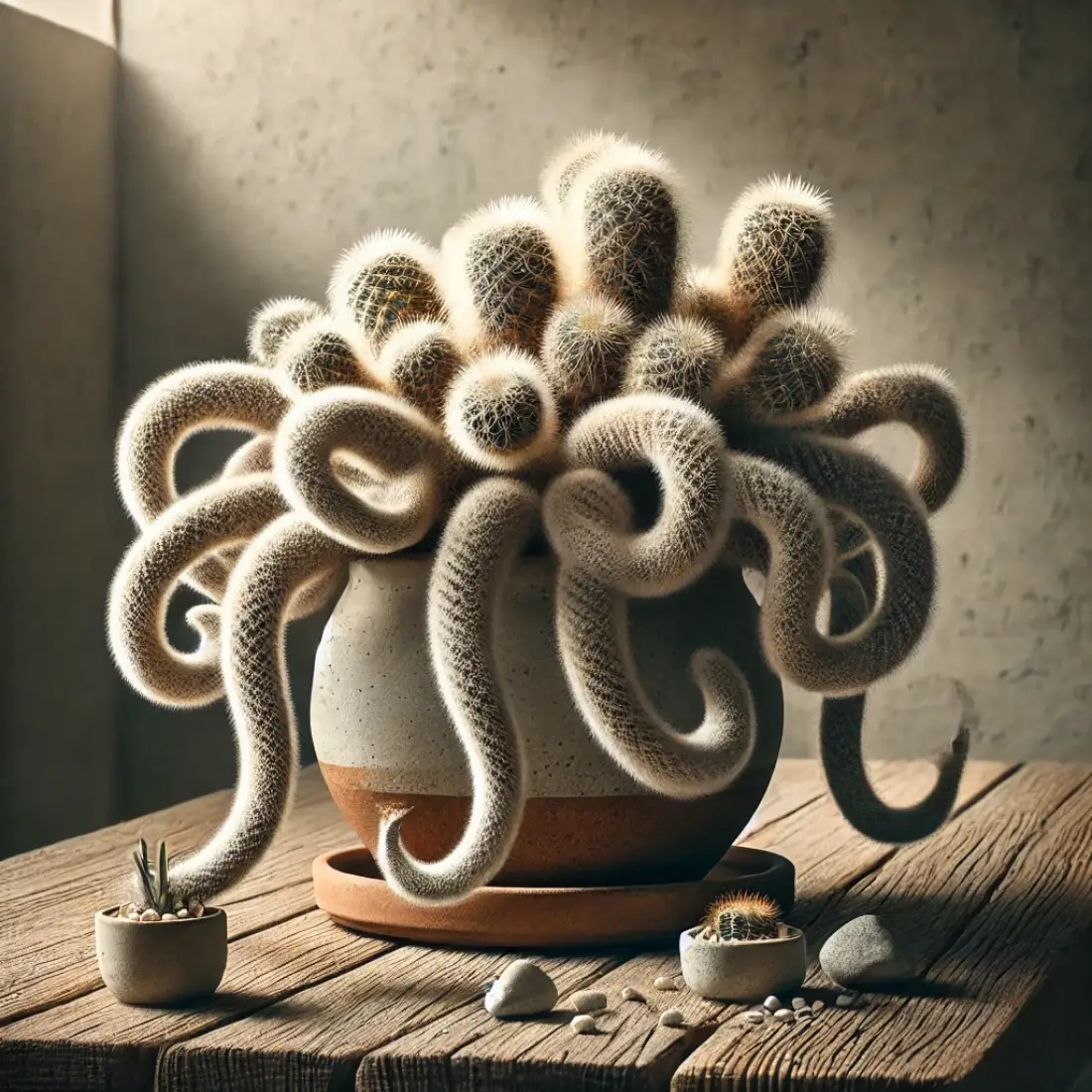 Detailed view of a Monkey Tail Cactus with long, soft spines in a terracotta pot on a rustic table, lit by natural light.