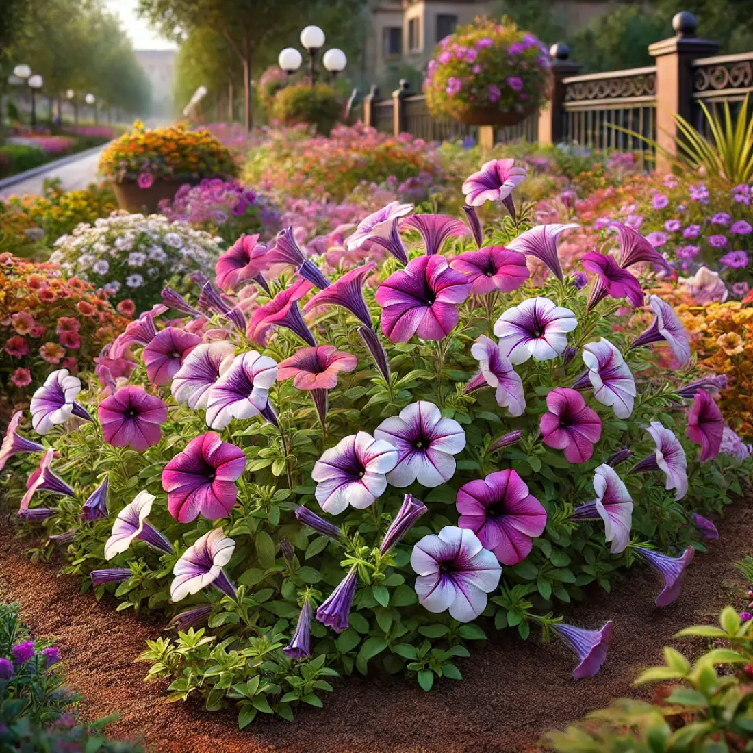 A lush garden bed filled with numerous small, 2-inch Multiflora petunias in various colors, with a garden path and decorative fence in the background.