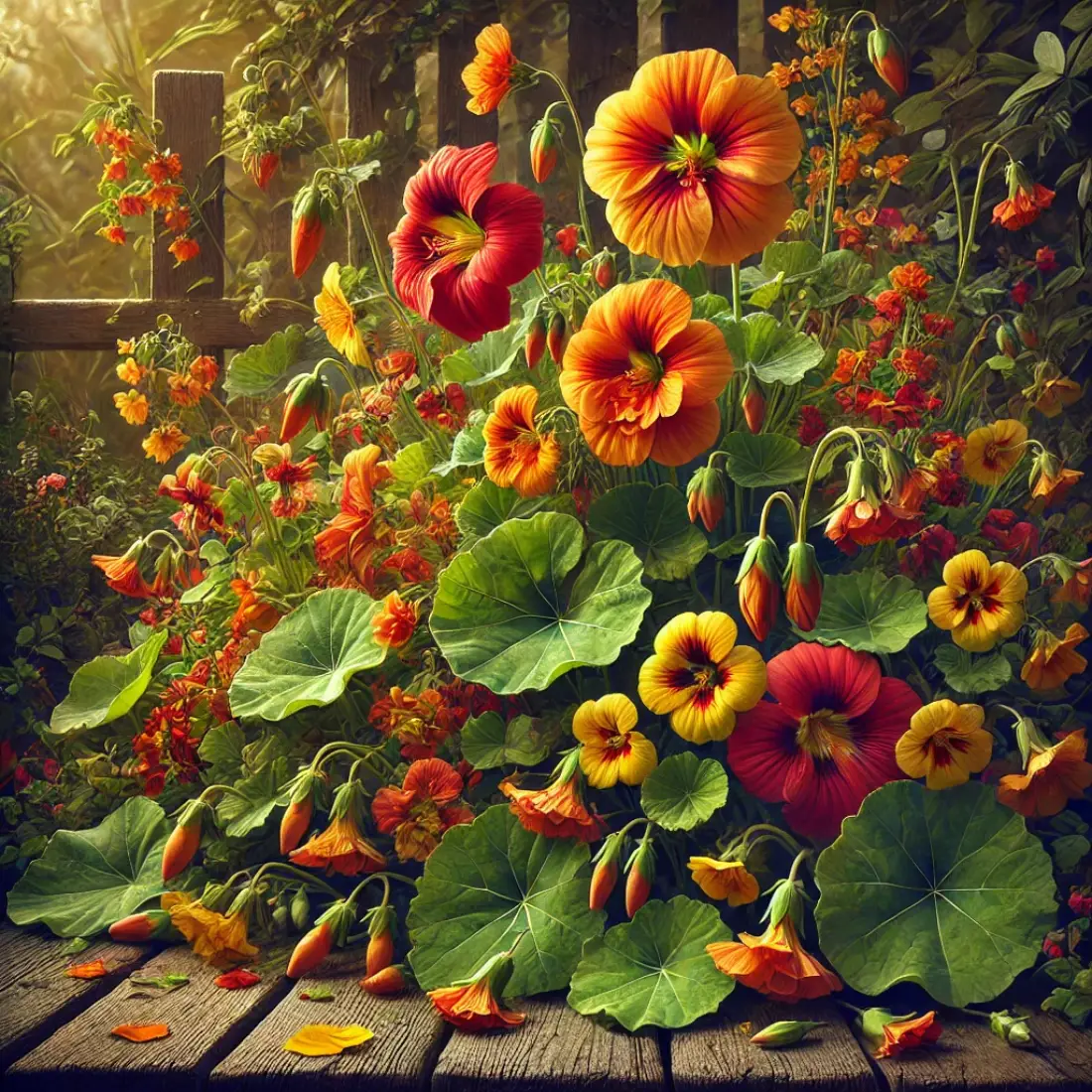 Vibrant garden scene with red, orange, and yellow nasturtium flowers, green leaves, and butterflies, set against a rustic wooden fence and stone path on a sunny day.