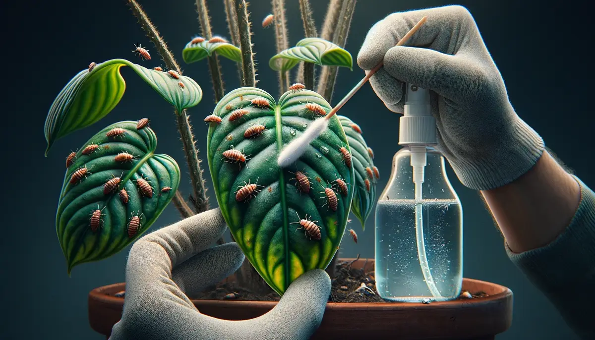 Detailed view of a houseplant leaf being treated for mealybugs with alcohol on a cotton swab and a soap water solution