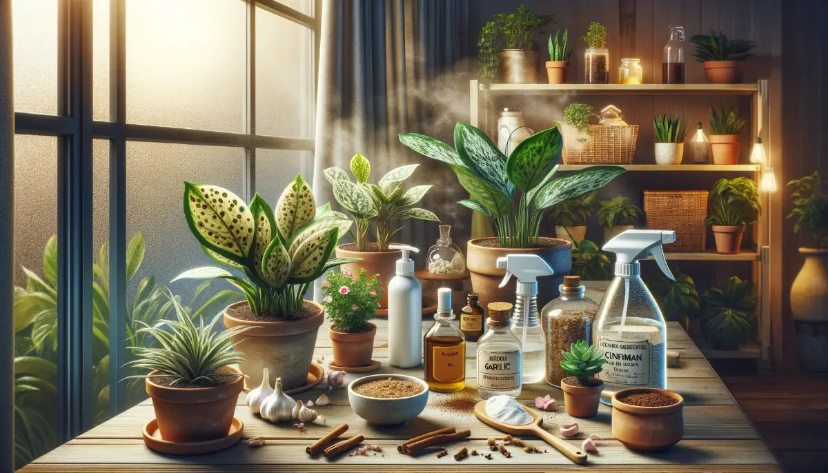 An image illustrating various natural remedies like baking soda, garlic, neem oil, cinnamon, and vinegar for treating fungal leaf spots in an indoor garden setting