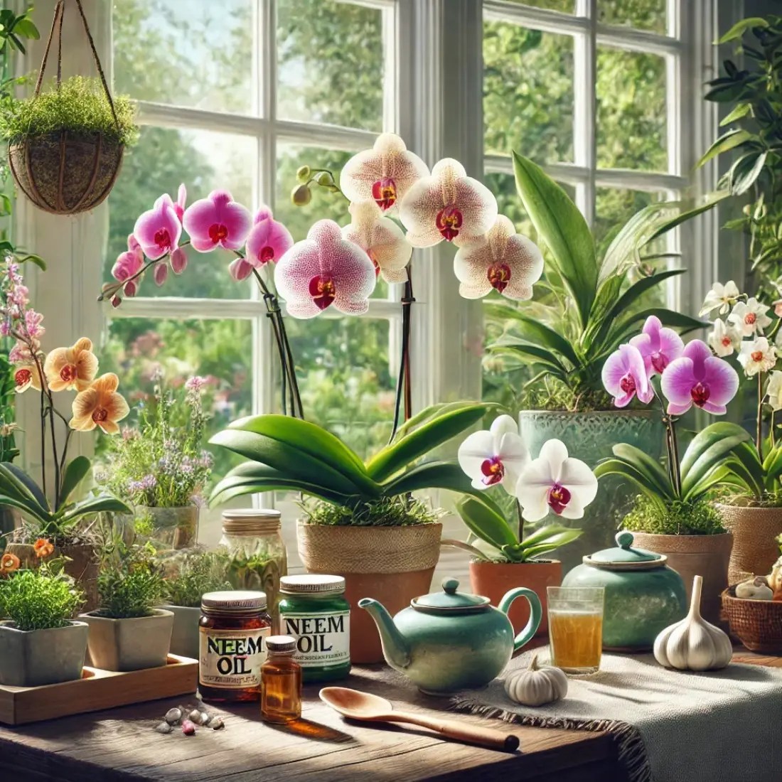 Indoor garden with blooming orchids in various pots, unlabelled organic remedy jars, gardening gloves, and a watering can on a wooden table by a sunlit window.