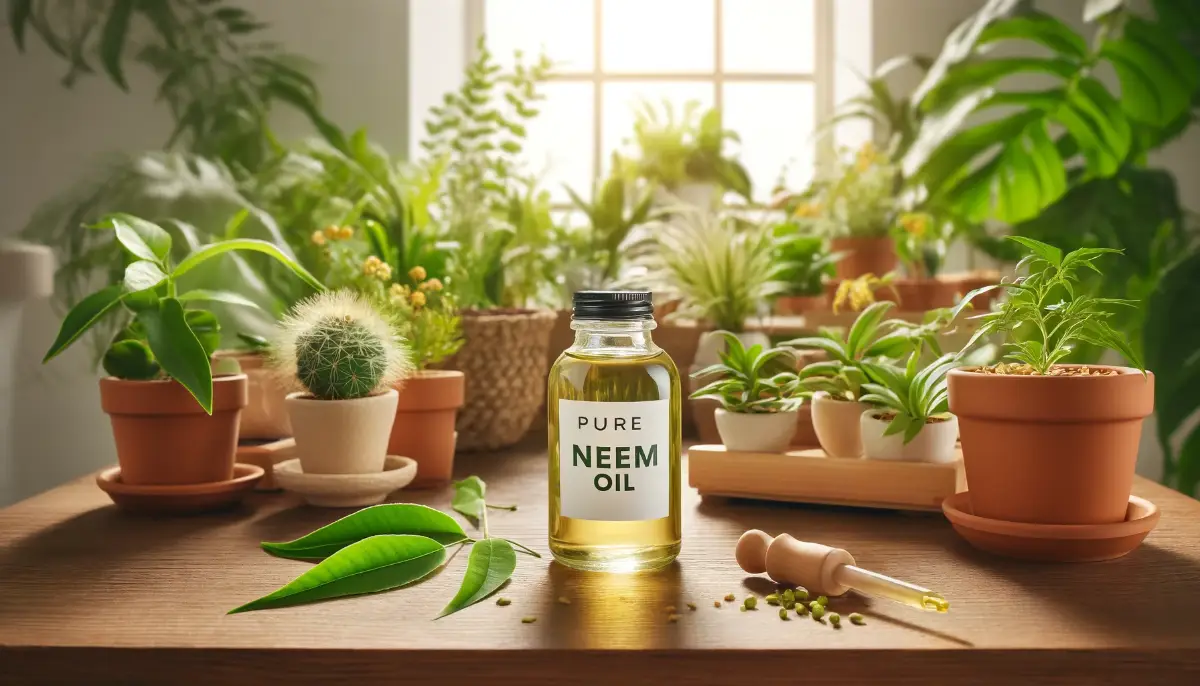 Neem oil bottle on a wooden shelf among houseplants, showcasing its role in healthy indoor gardening.