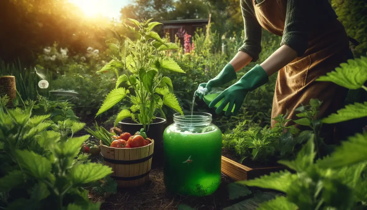 A gardener pours green nettle mixture into a spray bottle in a vibrant summer garden, showcasing eco-friendly pest control