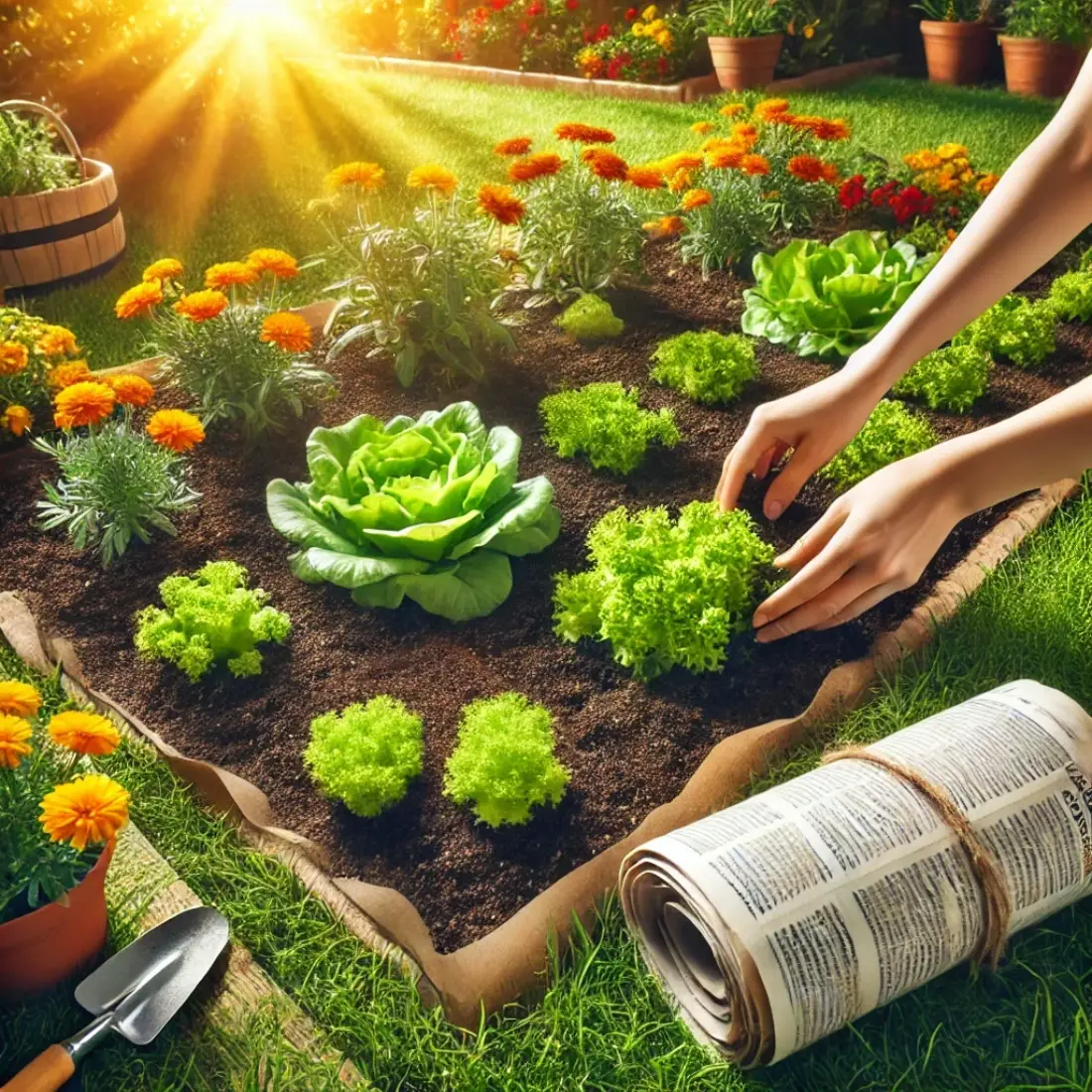 Hands spreading mulch over newspaper weed barrier in a garden bed with lettuce and flowers, no tomatoes visible.