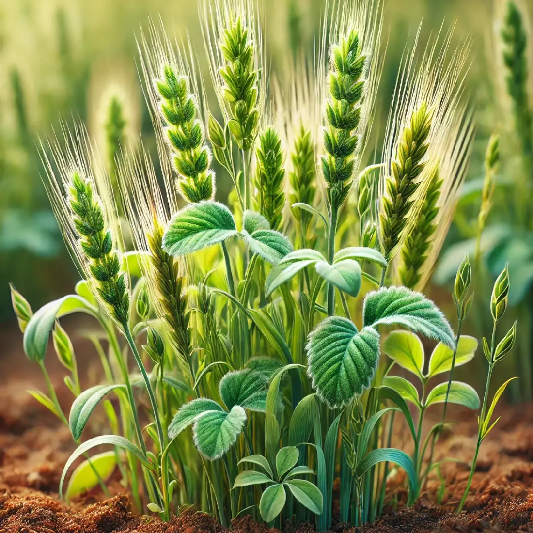 Highly detailed close-up of non-leguminous cover crops like rye and mustard, featuring vibrant green leaves and rich, fertile soil.