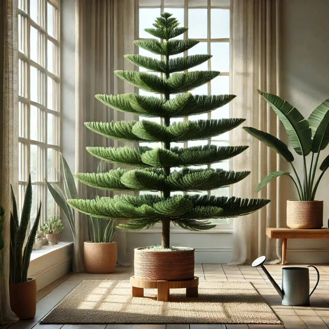 Norfolk Island Pine in a terracotta pot on a wooden stand, with vibrant foliage, sunlight, and eco-friendly decor.