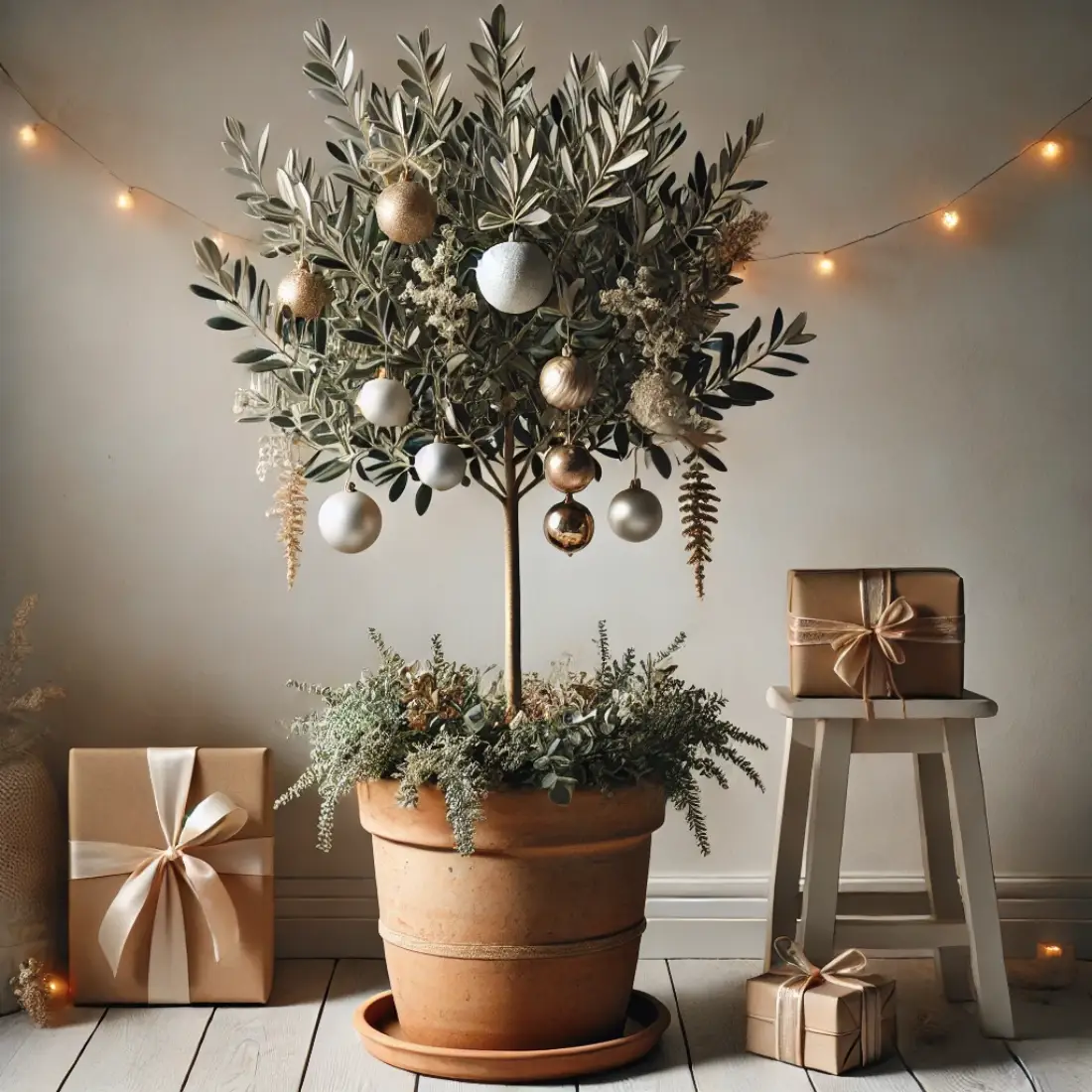 Potted olive tree with silvery leaves, decorated with white and gold ornaments and natural garlands, surrounded by gifts and candles.