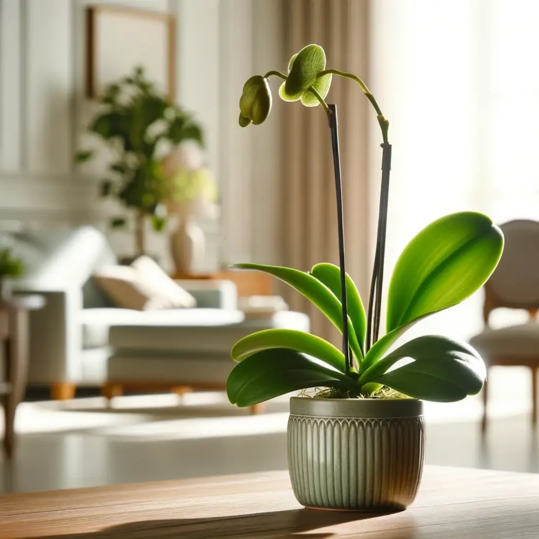 Close-up of an orchid plant with fewer green leaves, no flowers, in an elegant pot on a wooden table in a bright room with indirect sunlight.