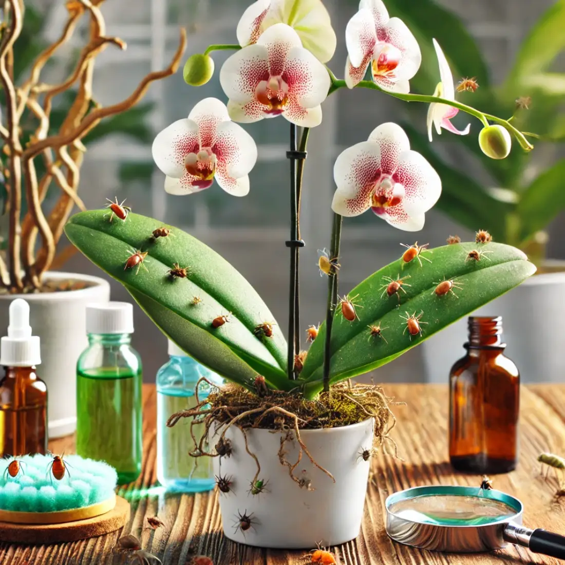 Close-up of an orchid infested with aphids, spider mites, and mealybugs on a wooden table with organic pest control solutions, magnifying glass, and soft brush nearby.