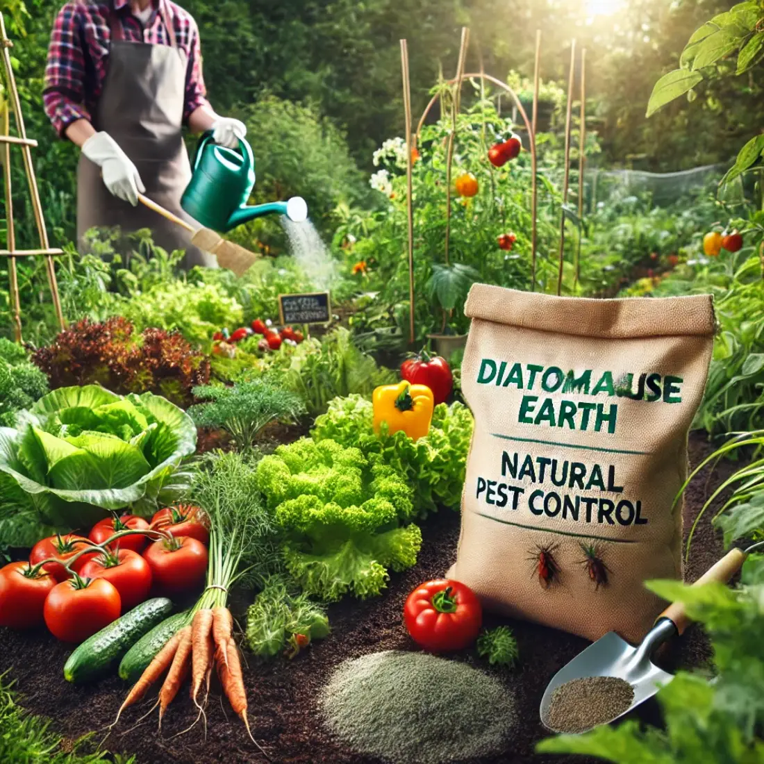 Lush vegetable garden with tomatoes, lettuce, carrots, and peppers, featuring a prominently labeled bag of "Diatomaceous Earth" and a gardener applying DE for natural pest control.