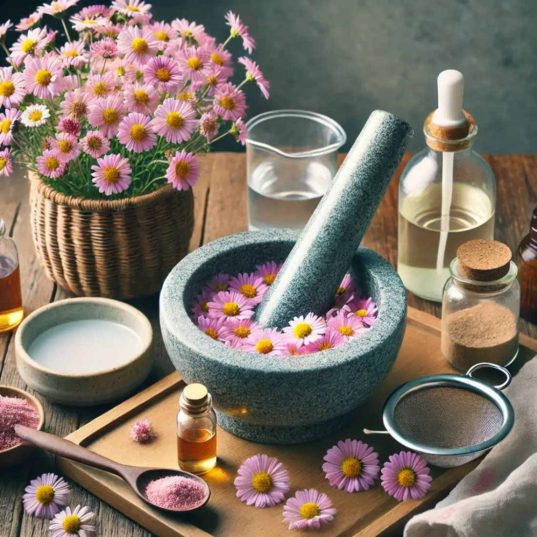 Close-up of grinding painted daisies into powder using a mortar and pestle, with water, soap, and a spray bottle nearby for making fungicide.