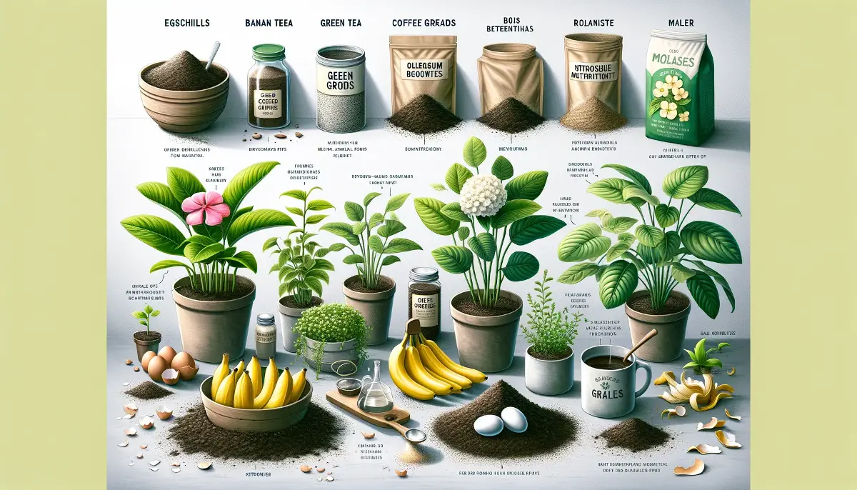 Educational image illustrating organic plant nutrition with eggshells, banana peels, and other eco-friendly fertilizers in an indoor garden