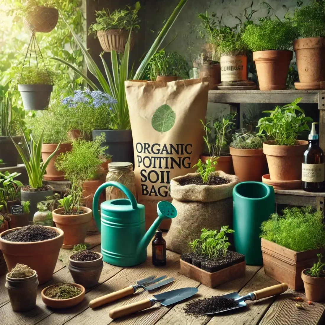 A tranquil organic garden with fabric, terracotta, and plastic pots filled with thriving plants, organic soil bags, compost, worm castings, and essential gardening tools on a wooden table amidst lush greenery, with no visible labels.
