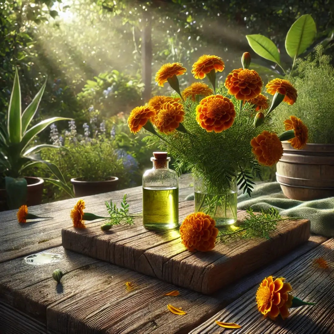 Marigold flowers on a rustic wooden table with a bottle of "Marigold Oil," set in a lush garden environment.