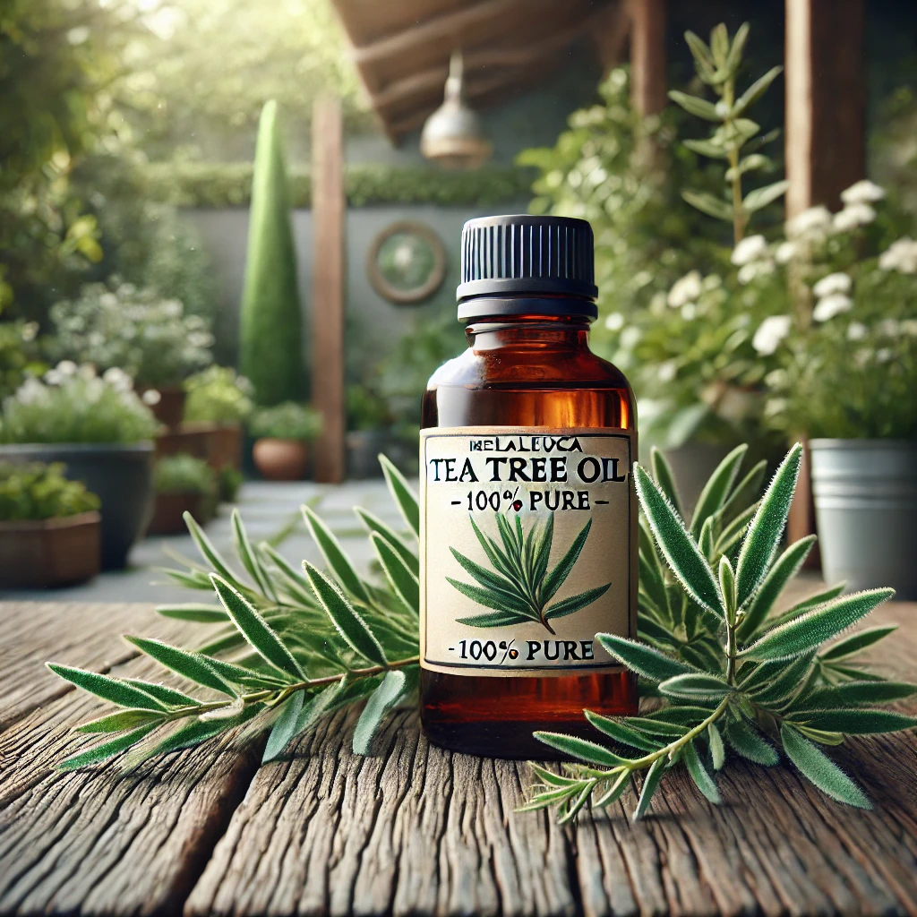 Amber bottle of tea tree oil with a white label surrounded by Melaleuca Alternifolia leaves on a rustic wooden table, garden in the background.