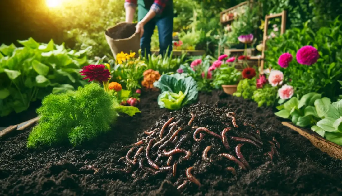 A lush garden with dark, rich soil and vibrant plants, showcasing the benefits of worm castings. A gardener applies worm castings in the background, emphasizing sustainable gardening practices.