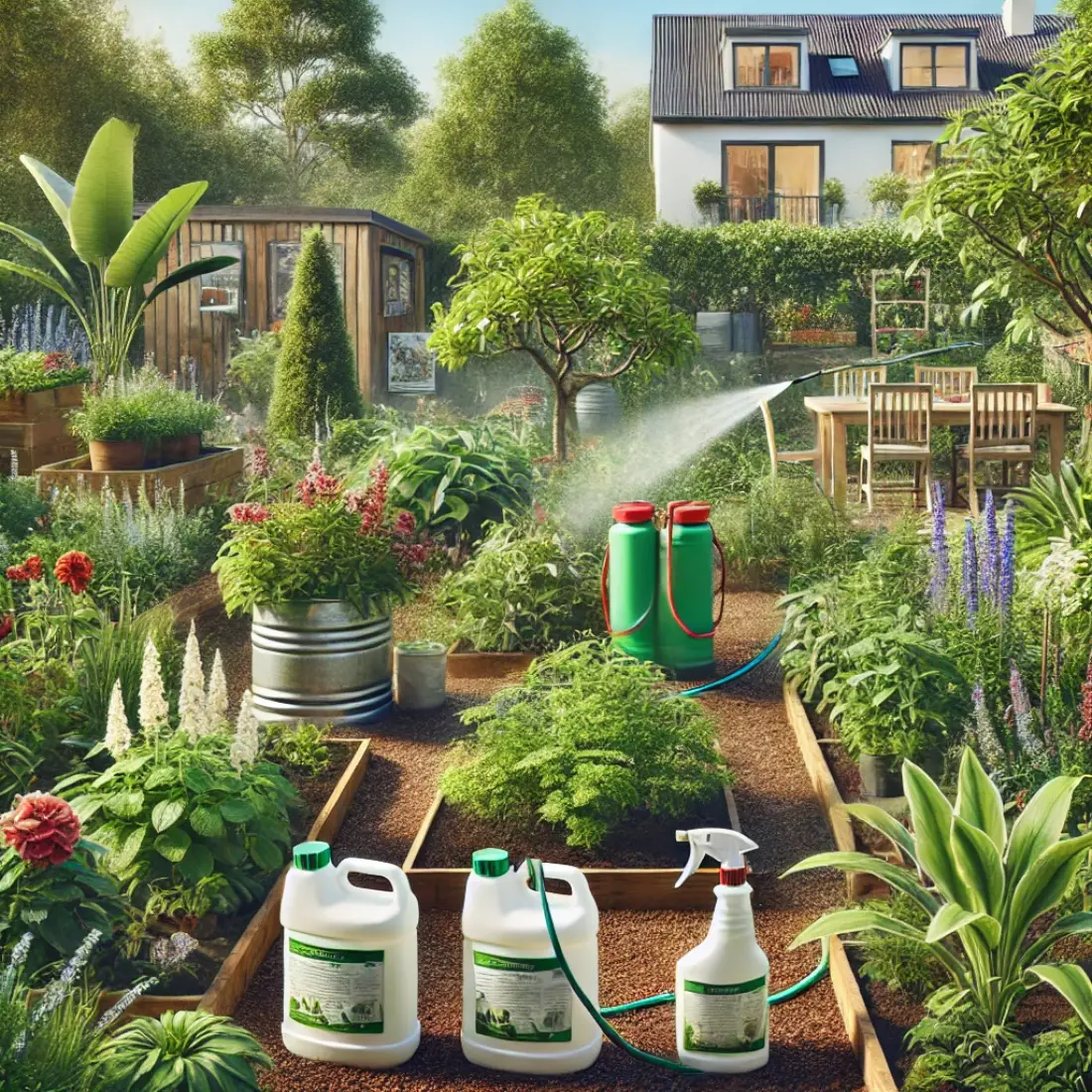 Sprayers with organic herbicides treating plants in a lush home garden, showcasing sustainable and eco-friendly practices.