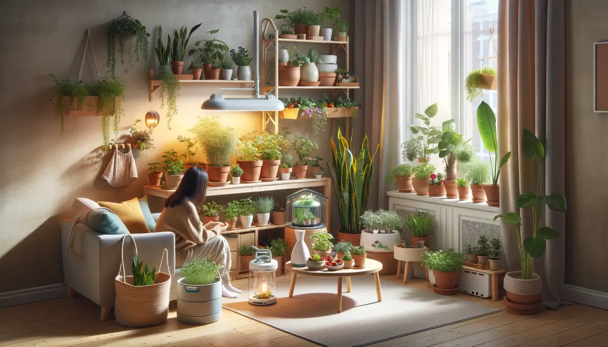 Lush indoor garden with LED lights, humidifiers, and a variety of plants, showing a person caring for them, embodying a healthy, eco-friendly lifestyle.