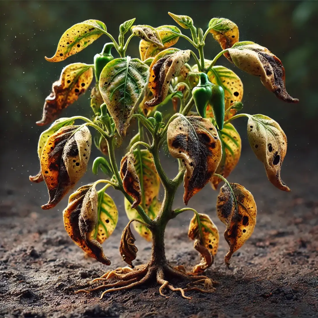 Close-up of a struggling pepper plant with yellowing, browning leaves, wilting branches, and dry, cracked soil, indicating poor health.